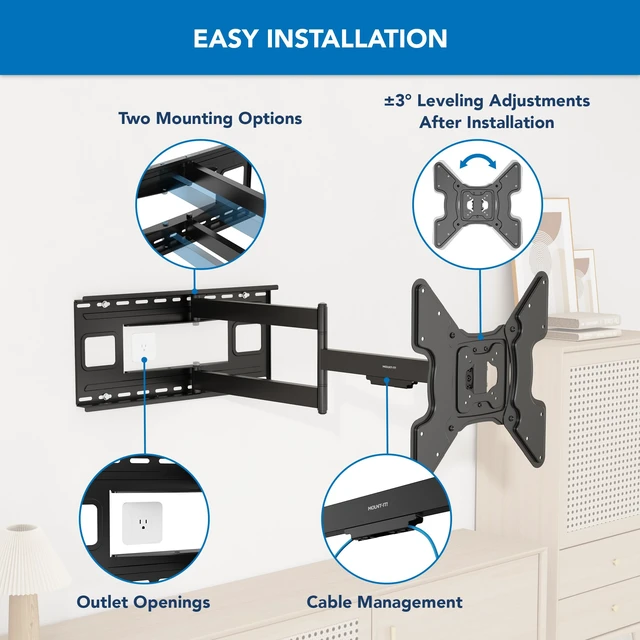 Alt view image 7 of 7 - Long Arm TV Wall Mount, 40" Extension, 32-70" Pre-assembled full-motion corner bracket holds up to 110 lbs, 90 swivel & tilt, VESA 400x400