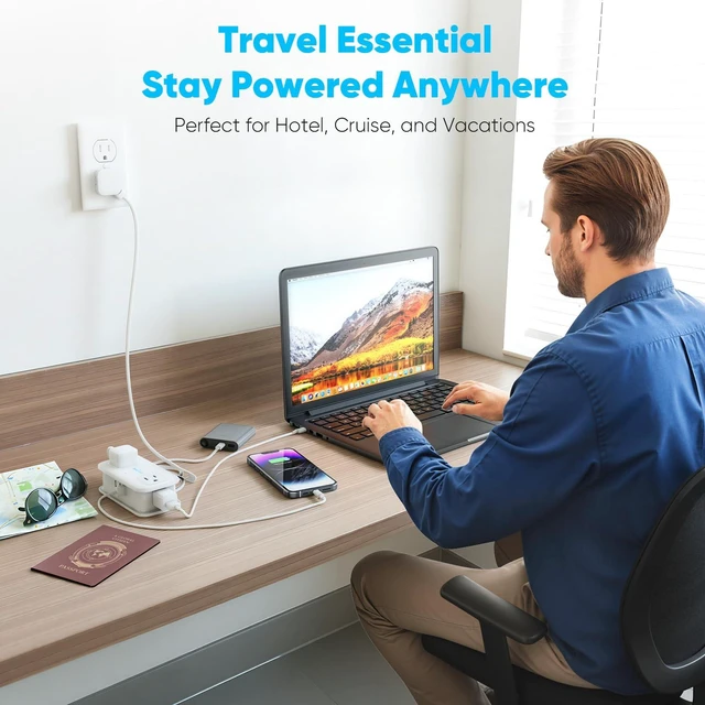 Alt view image 4 of 6 - Cruise Essentials, 4 Ft Travel Power Strip with 4 Outlets and 3 USB Ports (2 USB C), Non Surge Protector for Cruise Ship, Travel Essentials, Home Office, ETL Listed, White