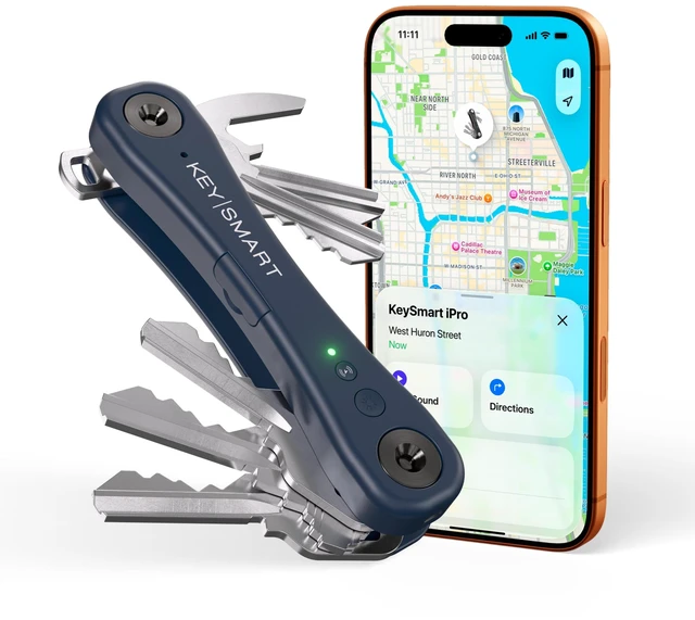 Main image of KeySmart iPro - Finder Locator with Sound, Keychain Holder, Apple Find My App Compatible, Organizer, Compact Clutter-Free Chain Tracker, Rechargeable Battery (Up to 14 Keys, Blue)