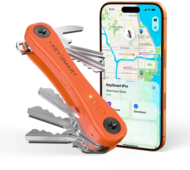 Main image of KeySmart iPro - Finder Locator with Sound, Keychain Holder, Apple Find My App Compatible, Organizer, Compact Clutter-Free Chain Tracker, Rechargeable Battery (Up to 14 Keys, Orange)