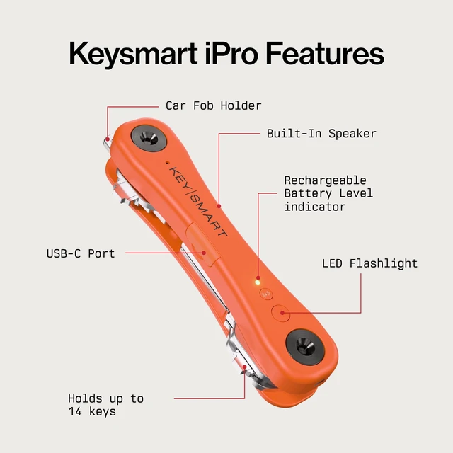 Alt view image 3 of 7 - KeySmart iPro - Finder Locator with Sound, Keychain Holder, Apple Find My App Compatible, Organizer, Compact Clutter-Free Chain Tracker, Rechargeable Battery (Up to 14 Keys, Orange)