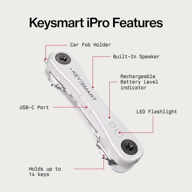 Alt view image 3 of 7 - KeySmart iPro - Finder Locator with Sound, Keychain Holder, Apple Find My App Compatible, Organizer, Compact Clutter-Free Chain Tracker, Rechargeable Battery (Up to 14 Keys, White)