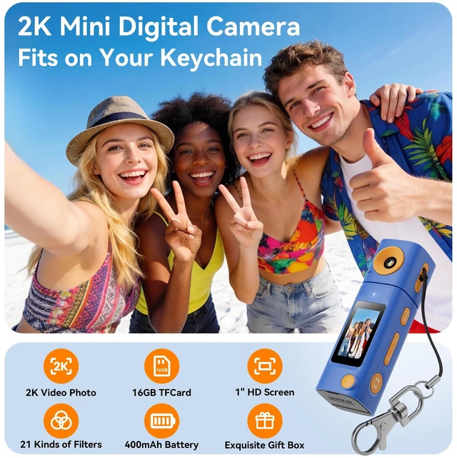 Alt view image 2 of 7 - Mini Keychain Digital Camera:2K Digital Mini Camera with 16GB Card,Vintage Keychain Video Camera, 1" HD LCD Display, 400mAh Battery Portable Small Cameras with Elegant Gift Box