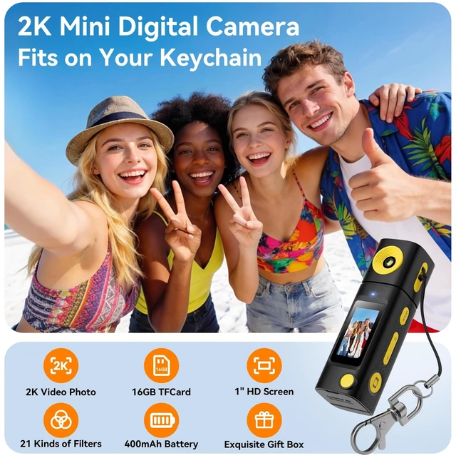 Alt view image 2 of 7 - Mini Keychain Digital Camera:2K Digital Mini Camera with 16GB Card,Vintage Keychain Video Camera, 1" HD LCD Display, 400mAh Battery Portable Small Cameras with Elegant Gift Box