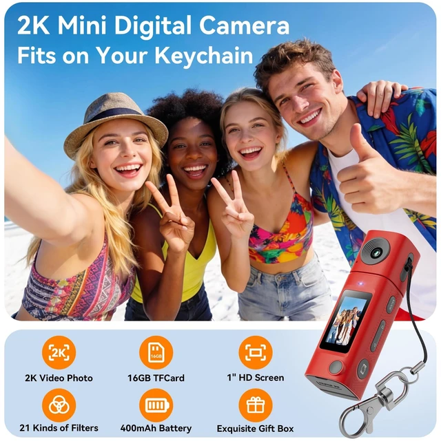 Alt view image 2 of 7 - Mini Keychain Digital Camera:2K Digital Mini Camera with 16GB Card,Vintage Keychain Video Camera, 1" HD LCD Display, 400mAh Battery Portable Small Cameras with Elegant Gift Box
