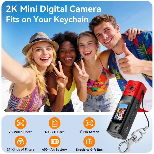 Alt view image 2 of 7 - Mini Keychain Digital Camera:2K Digital Mini Camera with 16GB Card,Vintage Keychain Video Camera, 1" HD LCD Display, 400mAh Battery Portable Small Cameras with Elegant Gift Box