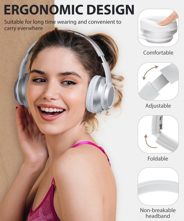Alt view image 2 of 7 - Wired/Wireless Bluetooth Headphones with Mic & Case, 25Hrs Battery 2 in 1 Wire less Blue tooth Head Phones Foldable Lightweight Portable for Kids Boys Girls Youth in School Airplane Car Silver