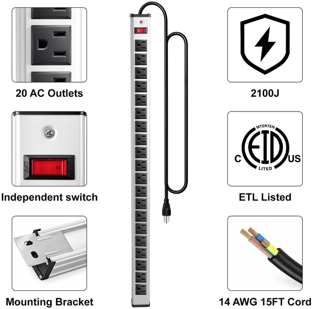 Alt view image 3 of 7 - 20 Outlet Heavy Duty Metal Socket Power Strip, 2100J Surge Protector 15 Ft Long Extension Cord with Circuit Breaker. Mounting Brackets Included,Workshop/Industrial use,ETL Certified
