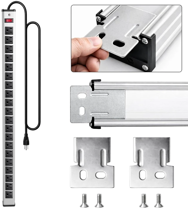 Alt view image 4 of 7 - 20 Outlet Heavy Duty Metal Socket Power Strip, 2100J Surge Protector 15 Ft Long Extension Cord with Circuit Breaker. Mounting Brackets Included,Workshop/Industrial use,ETL Certified