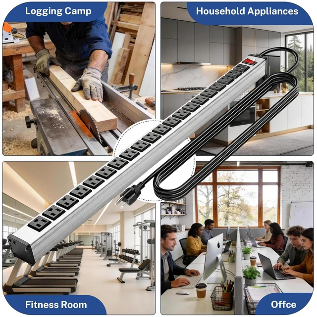 Alt view image 6 of 7 - 20 Outlet Heavy Duty Metal Socket Power Strip, 2100J Surge Protector 15 Ft Long Extension Cord with Circuit Breaker. Mounting Brackets Included,Workshop/Industrial use,ETL Certified