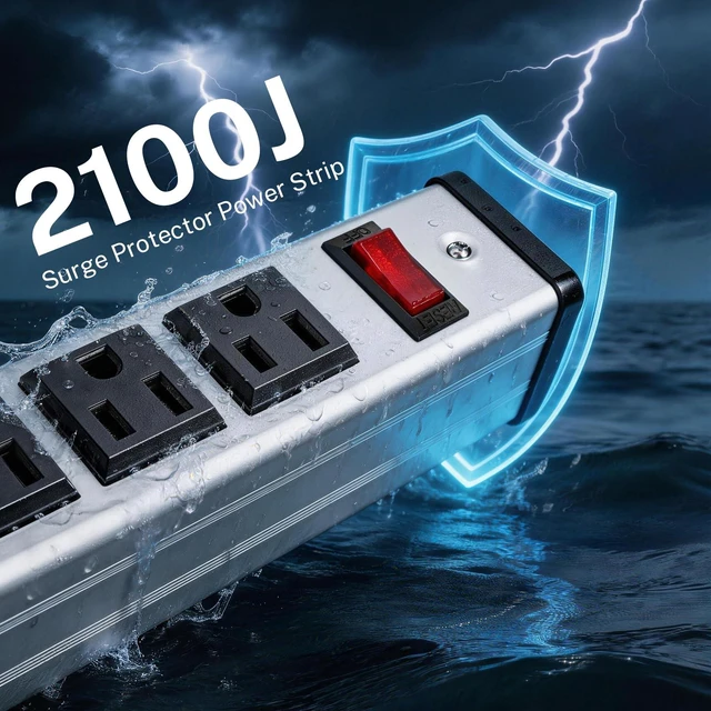Alt view image 7 of 7 - 20 Outlet Heavy Duty Metal Socket Power Strip, 2100J Surge Protector 15 Ft Long Extension Cord with Circuit Breaker. Mounting Brackets Included,Workshop/Industrial use,ETL Certified