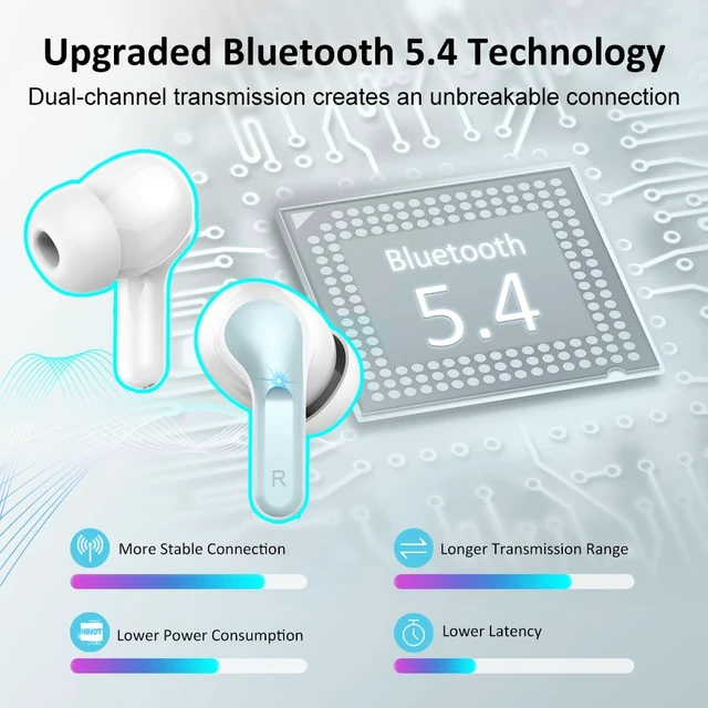 Alt view image 2 of 7 - Wireless Earbud, Bluetooth Headphones 5.4 NEW 40H Ear Buds Bass Stereo Earphones Noise Cancelling Earbud with 4 ENC Mic in-Ear Bluetooth Earbud USB-C LED Display IP7 Waterproof Sport for Android iOS