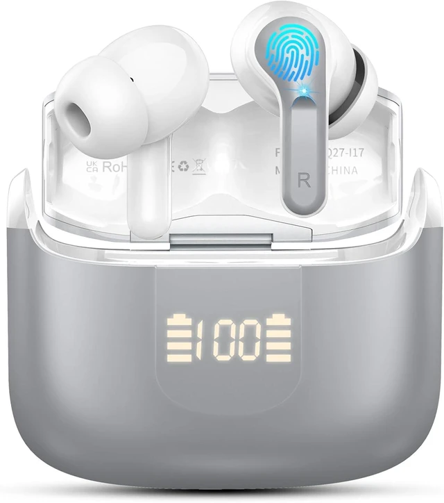 Main image of Wireless Earbud Bluetooth 5.4 Headphones, Hi-Fi Stereo Ear Buds with 4 ENC Cancelling Mics, 40H in-Ear Earphones IP7 Waterproof Sports, LED Display, Mini Headset for Laptop Pad TV Android/iOS, Grey