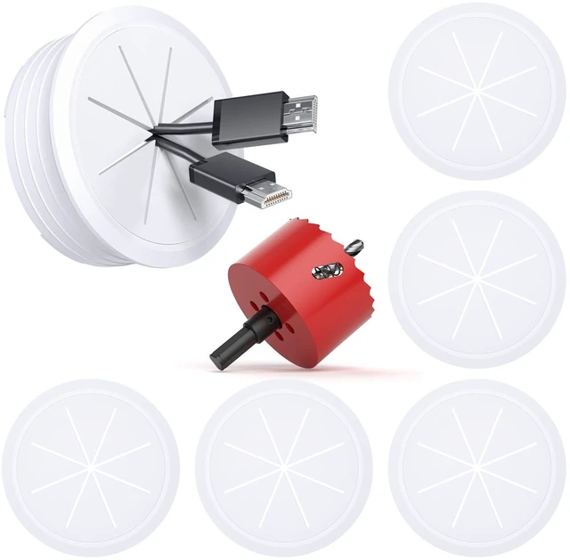 Main image of 6 Pack TV Cord Hider for Wall Mounted TV, 2-3/8"(60mm Hole), White In Wall Cable Management Kit, Wall Grommets for Cables, Include Hole Saw Drill, Easy Install, For Drywall, Mounted TVs, Desks