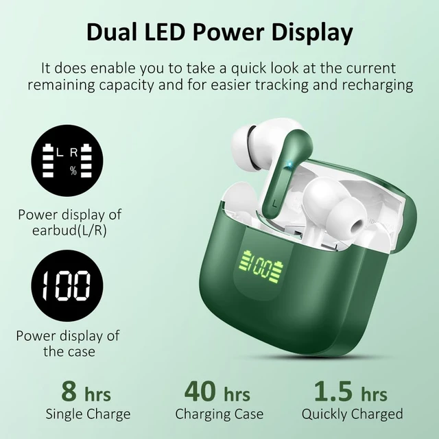 Alt view image 4 of 7 - Wireless Earbuds, Bluetooth Headphones 2026 NEW Ear Buds 40H Bass Stereo in-Ear Earphones ENC Noise Cancelling 5.4 Earbuds with 4 HD Mic, USB-C LED Display IP7 Waterproof Sport Headset for Android iOS