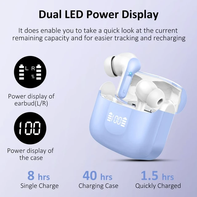 Alt view image 4 of 7 - Wireless Earbuds, Bluetooth 5.4 Headphones 2026 NEW Ear Buds 40H Bass Stereo in-Ear Earphones ENC Noise Cancelling Earbuds with 4 HD Mic, USB-C LED Display IP7 Waterproof Sport Headset for Android iOS