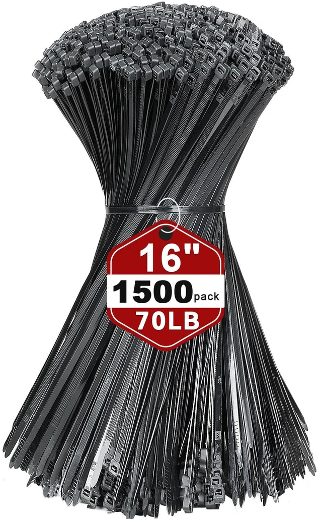 Main image of 16 Inch Black Nylon Zip Ties, 1500 Pack Self-Locking 70lb Tensile UV Resistant Construction, HeavyDuty Performance, Suitable For Both Indoor And Outdoor Securing Applications