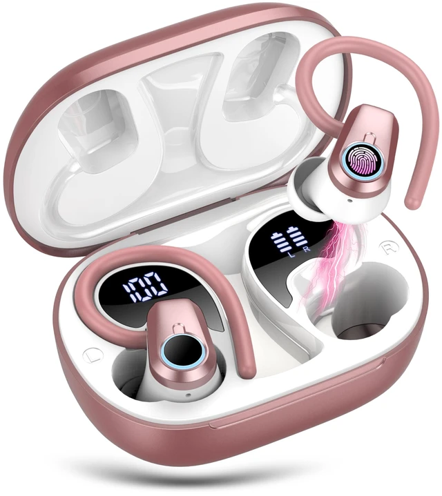 Main image of Wireless Earbuds, 2026 Bluetooth Headphones 5.3 Sport, 50H Ear buds with Earhooks, Dual LED DisplayBluetooth Earbuds, Stereo Noise Cancelling Headphones, IP7 Waterproof Running Earphones, Rose Gold