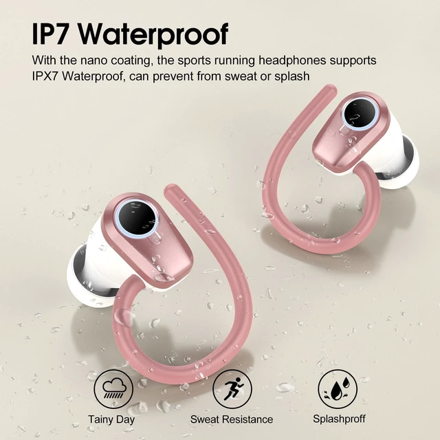 Alt view image 4 of 7 - Wireless Earbuds, 2026 Bluetooth Headphones 5.3 Sport, 50H Ear buds with Earhooks, Dual LED DisplayBluetooth Earbuds, Stereo Noise Cancelling Headphones, IP7 Waterproof Running Earphones, Rose Gold