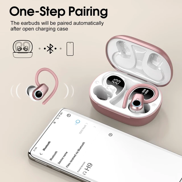 Alt view image 5 of 7 - Wireless Earbuds, 2026 Bluetooth Headphones 5.3 Sport, 50H Ear buds with Earhooks, Dual LED DisplayBluetooth Earbuds, Stereo Noise Cancelling Headphones, IP7 Waterproof Running Earphones, Rose Gold