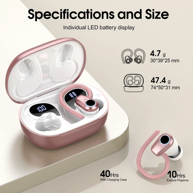 Alt view image 6 of 7 - Wireless Earbuds, 2026 Bluetooth Headphones 5.3 Sport, 50H Ear buds with Earhooks, Dual LED DisplayBluetooth Earbuds, Stereo Noise Cancelling Headphones, IP7 Waterproof Running Earphones, Rose Gold