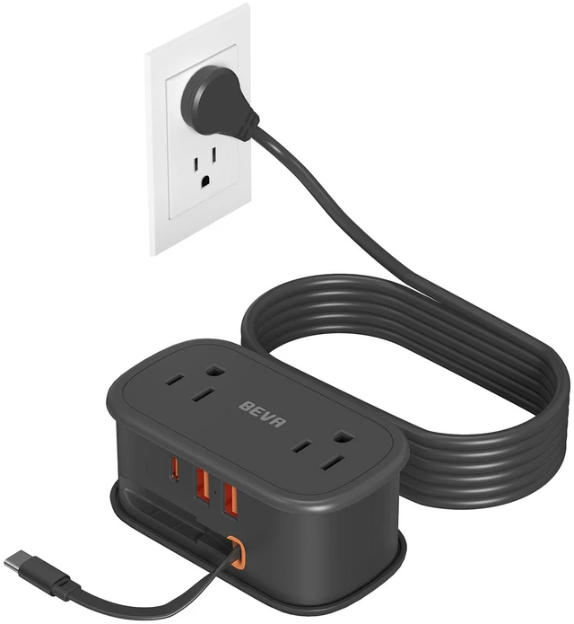 Main image of Travel Power Strip, 5FT Extension Cord, Retractable USB C Cable 2 AC Outlets 3 USB Ports (1 USB C), Flat Plug, Small Portable, Travel Accessories, Cruise Ship Essentials(Black)
