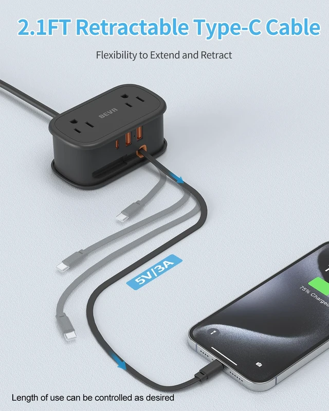 Alt view image 2 of 7 - Travel Power Strip, 5FT Extension Cord, Retractable USB C Cable 2 AC Outlets 3 USB Ports (1 USB C), Flat Plug, Small Portable, Travel Accessories, Cruise Ship Essentials(Black)