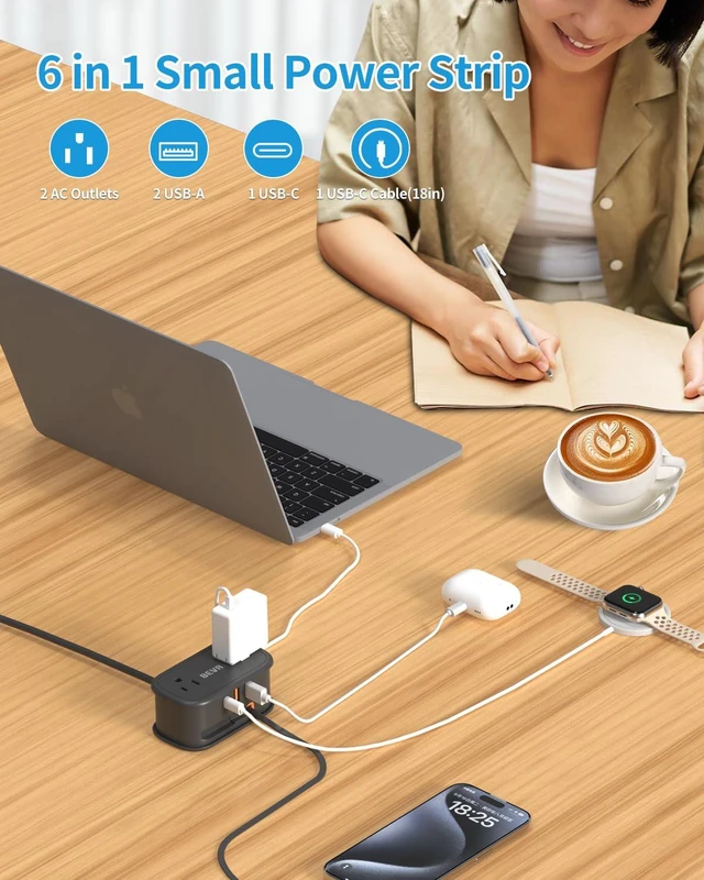 Alt view image 5 of 7 - Travel Power Strip, 5FT Extension Cord, Retractable USB C Cable 2 AC Outlets 3 USB Ports (1 USB C), Flat Plug, Small Portable, Travel Accessories, Cruise Ship Essentials(Black)