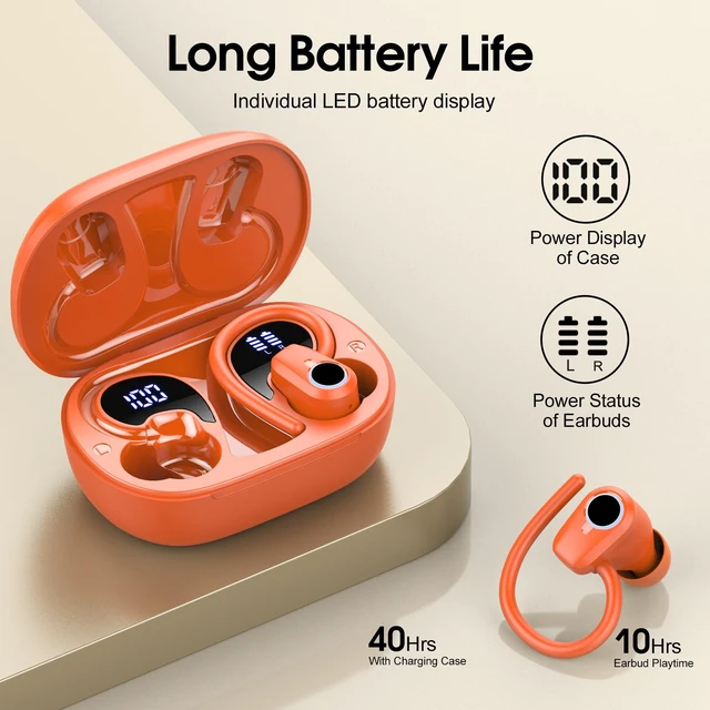 Alt view image 2 of 7 - Wireless Earbuds Bluetooth 5.3 Headphones Sport, 50H Stereo Ear Buds LED Display, 2026 Bluetooth Earbuds with 4 ENC Noise Canceling Mic, IP7 Waterproof Earphones with Earhooks for Running, Pumpkin