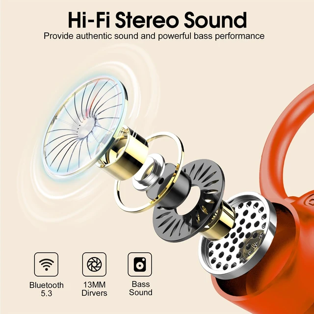 Alt view image 3 of 7 - Wireless Earbuds Bluetooth 5.3 Headphones Sport, 50H Stereo Ear Buds LED Display, 2026 Bluetooth Earbuds with 4 ENC Noise Canceling Mic, IP7 Waterproof Earphones with Earhooks for Running, Pumpkin