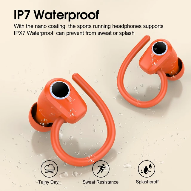 Alt view image 4 of 7 - Wireless Earbuds Bluetooth 5.3 Headphones Sport, 50H Stereo Ear Buds LED Display, 2026 Bluetooth Earbuds with 4 ENC Noise Canceling Mic, IP7 Waterproof Earphones with Earhooks for Running, Pumpkin