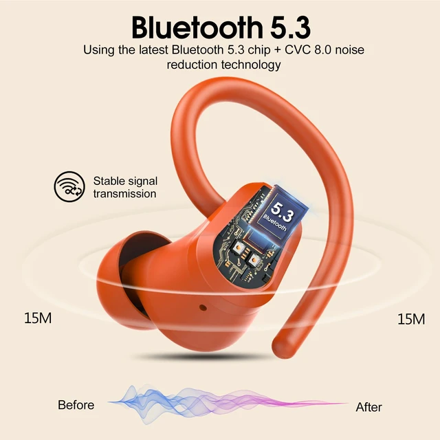 Alt view image 5 of 7 - Wireless Earbuds Bluetooth 5.3 Headphones Sport, 50H Stereo Ear Buds LED Display, 2026 Bluetooth Earbuds with 4 ENC Noise Canceling Mic, IP7 Waterproof Earphones with Earhooks for Running, Pumpkin