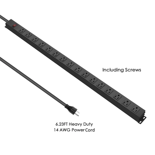 Alt view image 4 of 7 - Metal Wall Mount Power Strip, Mountable Power Outlet, Aluminum Alloy Mount Power Socket with Switch, 6 FT SJT 3/C 14AWG Power Cord, 15A 125V 1875W (16 Outlet)