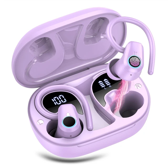 Main image of Wireless Earbuds, 2026 Bluetooth Headphones 5.3 Sport, 50H Ear buds with Earhooks, Dual LED Display Bluetooth Earbuds, Deep Bass Stereo Noise Cancelling Headphones, IP7 Waterproof Earphones, Purple