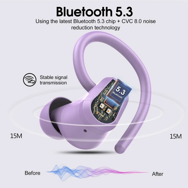Alt view image 2 of 7 - Wireless Earbuds, 2026 Bluetooth Headphones 5.3 Sport, 50H Ear buds with Earhooks, Dual LED Display Bluetooth Earbuds, Deep Bass Stereo Noise Cancelling Headphones, IP7 Waterproof Earphones, Purple