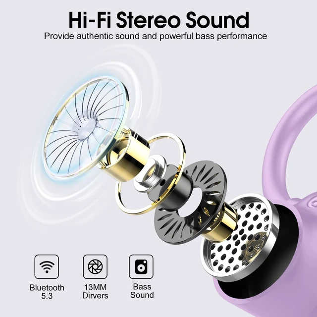 Alt view image 3 of 7 - Wireless Earbuds, 2026 Bluetooth Headphones 5.3 Sport, 50H Ear buds with Earhooks, Dual LED Display Bluetooth Earbuds, Deep Bass Stereo Noise Cancelling Headphones, IP7 Waterproof Earphones, Purple
