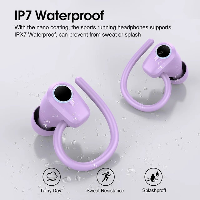 Alt view image 4 of 7 - Wireless Earbuds, 2026 Bluetooth Headphones 5.3 Sport, 50H Ear buds with Earhooks, Dual LED Display Bluetooth Earbuds, Deep Bass Stereo Noise Cancelling Headphones, IP7 Waterproof Earphones, Purple