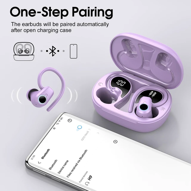 Alt view image 5 of 7 - Wireless Earbuds, 2026 Bluetooth Headphones 5.3 Sport, 50H Ear buds with Earhooks, Dual LED Display Bluetooth Earbuds, Deep Bass Stereo Noise Cancelling Headphones, IP7 Waterproof Earphones, Purple