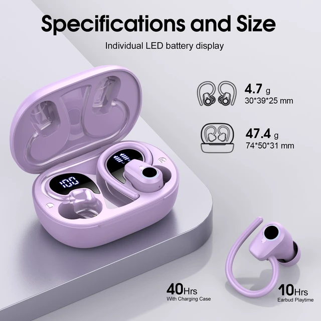 Alt view image 6 of 7 - Wireless Earbuds, 2026 Bluetooth Headphones 5.3 Sport, 50H Ear buds with Earhooks, Dual LED Display Bluetooth Earbuds, Deep Bass Stereo Noise Cancelling Headphones, IP7 Waterproof Earphones, Purple