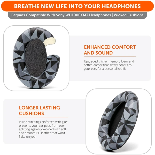 Alt view image 3 of 5 - PadZ WH-1000XM3 - Extra Thick Replacement Earpads for Sony WH-1000XM3 Made by Wicked Cushions Soft PU Leather, Luxurious Memory Foam, Added Thickness Geo Grey