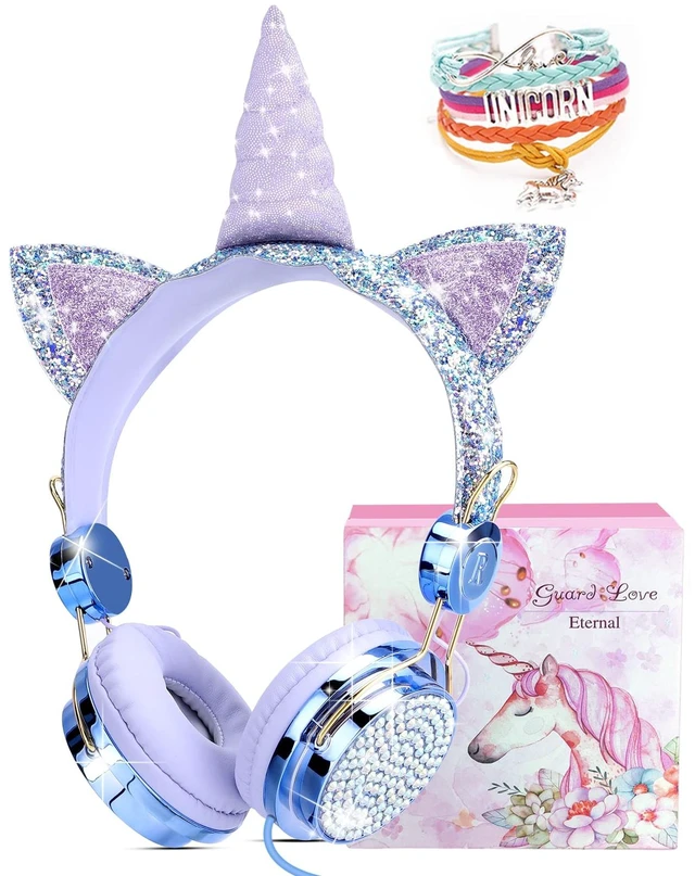 Main image of Unicorn Kids Wired Headphones with Mic, 3.5mm Jack, On Ear Kids headphones with cord, adjustable headband for girls, children, teens, school, birthday, Xmas unicorn gifts