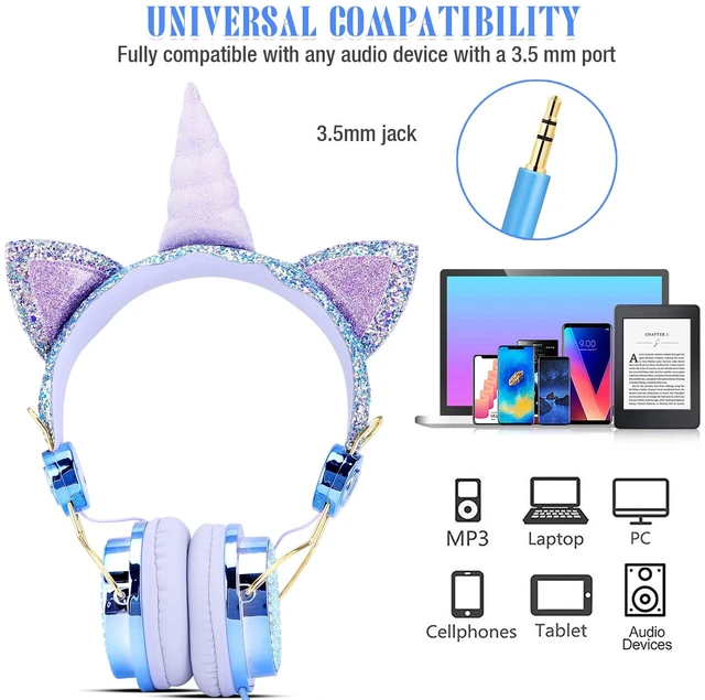 Alt view image 3 of 7 - Unicorn Kids Wired Headphones with Mic, 3.5mm Jack, On Ear Kids headphones with cord, adjustable headband for girls, children, teens, school, birthday, Xmas unicorn gifts