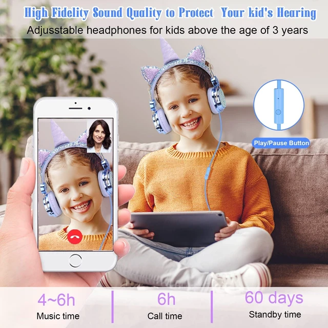 Alt view image 4 of 7 - Unicorn Kids Wired Headphones with Mic, 3.5mm Jack, On Ear Kids headphones with cord, adjustable headband for girls, children, teens, school, birthday, Xmas unicorn gifts