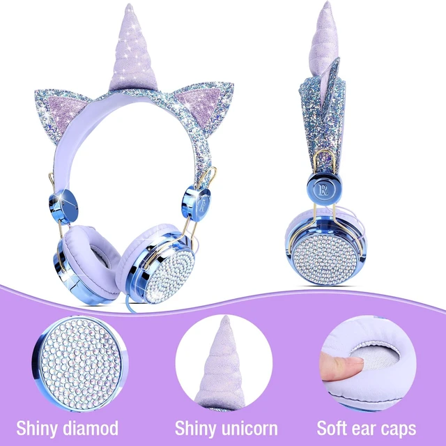 Alt view image 5 of 7 - Unicorn Kids Wired Headphones with Mic, 3.5mm Jack, On Ear Kids headphones with cord, adjustable headband for girls, children, teens, school, birthday, Xmas unicorn gifts