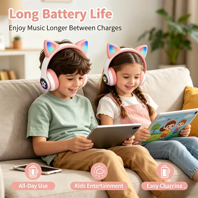 Alt view image 2 of 7 - Cat Ear Bluetooth Headphones for Kids & Adults, Wireless Foldable & Wired Multi-Function LED Light Up Over Ear Headphones with Mic and Volume Control for iPhone/iPad/Laptop/PC (White 2)