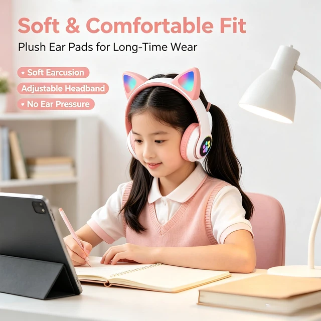 Alt view image 3 of 7 - Cat Ear Bluetooth Headphones for Kids & Adults, Wireless Foldable & Wired Multi-Function LED Light Up Over Ear Headphones with Mic and Volume Control for iPhone/iPad/Laptop/PC (White 2)