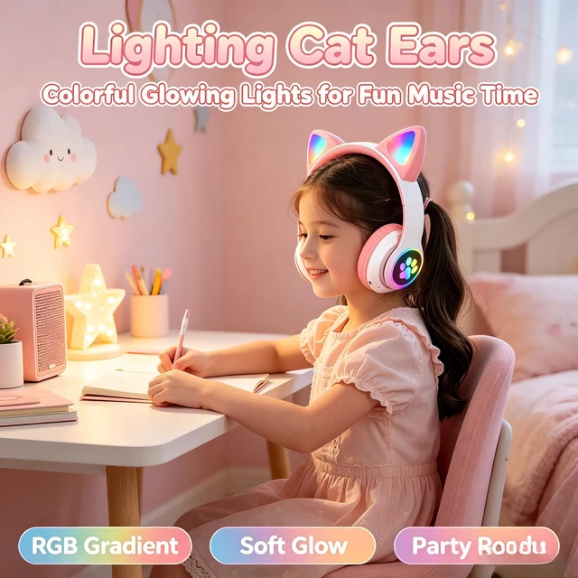 Alt view image 6 of 7 - Cat Ear Bluetooth Headphones for Kids & Adults, Wireless Foldable & Wired Multi-Function LED Light Up Over Ear Headphones with Mic and Volume Control for iPhone/iPad/Laptop/PC (White 2)