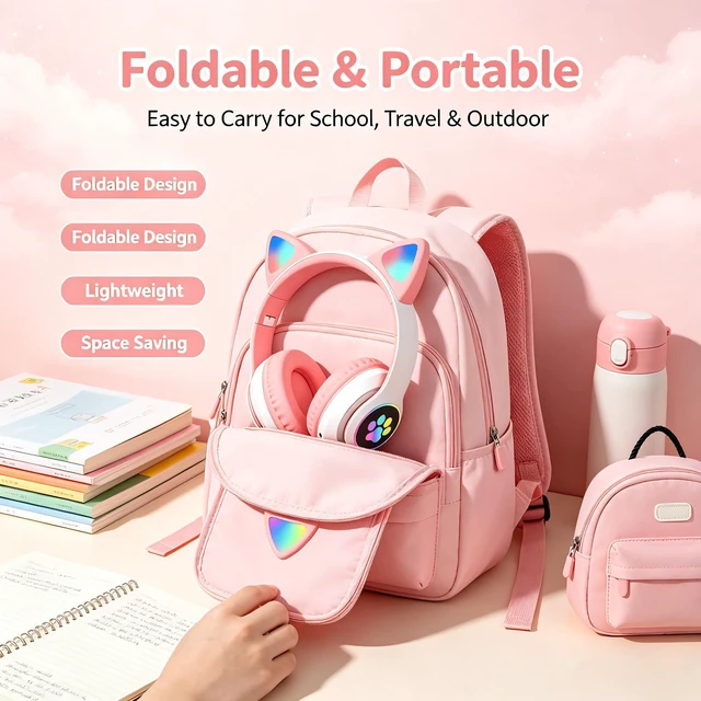 Alt view image 4 of 7 - Cat Ear Bluetooth Headphones for Kids & Adults, Wireless Foldable & Wired Multi-Function LED Light Up Over Ear Headphones with Mic and Volume Control for iPhone/iPad/Laptop/PC (White 2)
