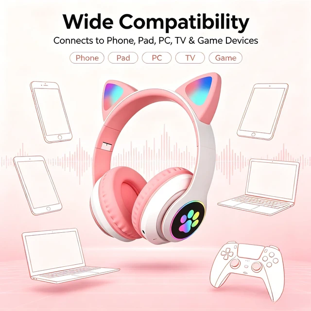 Alt view image 7 of 7 - Cat Ear Bluetooth Headphones for Kids & Adults, Wireless Foldable & Wired Multi-Function LED Light Up Over Ear Headphones with Mic and Volume Control for iPhone/iPad/Laptop/PC (White 2)