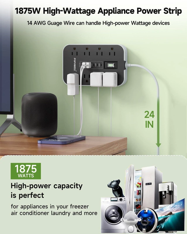 Alt view image 2 of 7 - Appliance Power Strip- 14 Guage Heavy Duty Extension Cord, 24in, 8 AC Outlet& 6 USB Ports 4.8A USB Charging Station, 1080J, High Wattage for Microwave, Conditioner, Kitchen, Garage Essentials